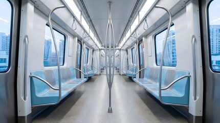 Symmetrical View of a Clean Empty Modern Subway Train Interior