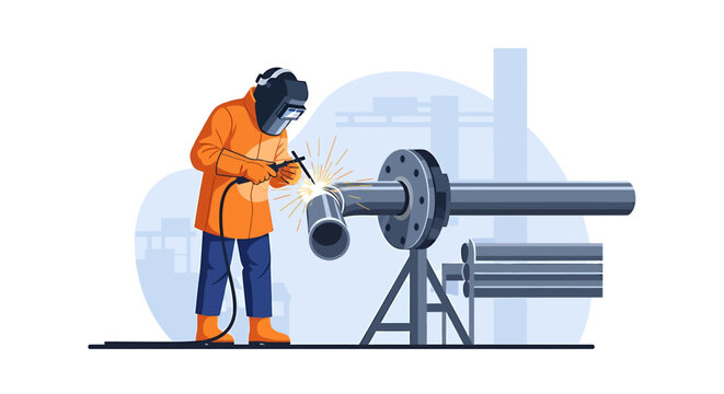 Welder in protective gear performing welding on industrial pipes.