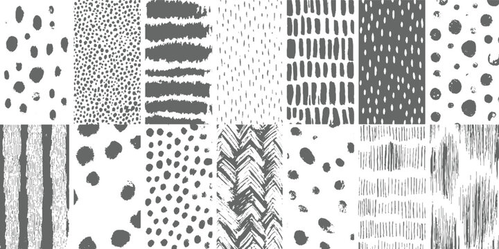 Collection of abstract grey and white patterns with dots lines and brush strokes texture background