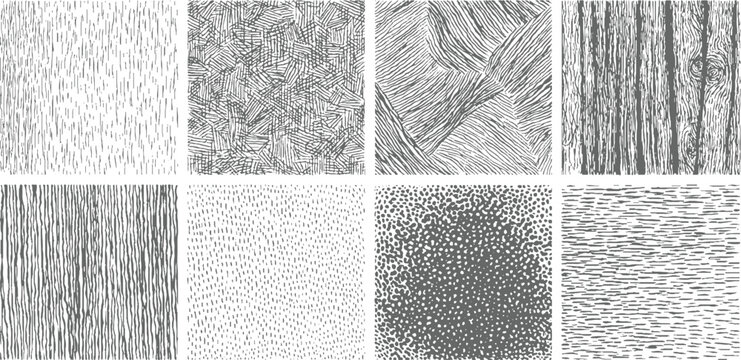 Eight monochrome hand drawn textured patterns including vertical lines wood grain dots and crosshatching