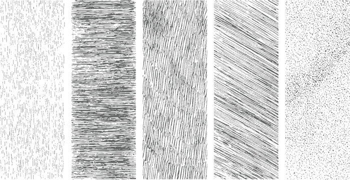 Five distinct grey textured patterns including vertical lines horizontal lines diagonal lines and scattered dots on white background