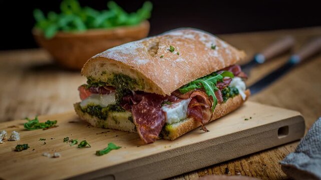 A rustic sandwich on a crusty bread roll filled with greens, Prosciutto, melted cheese, and green pesto, served on a wooden board.