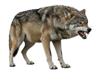 Obraz premium Fierce gray canine animal stands with bared teeth against white background