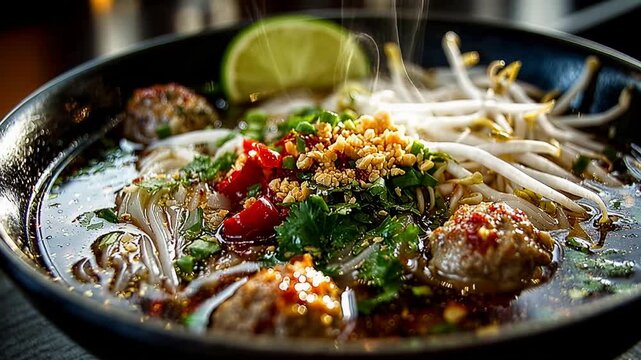 A steaming bowl of spicy Vietnamese noodle soup with thin rice noodles, meatballs, bean sprouts, herbs, chopped peanuts, chili, and a lime wedge.