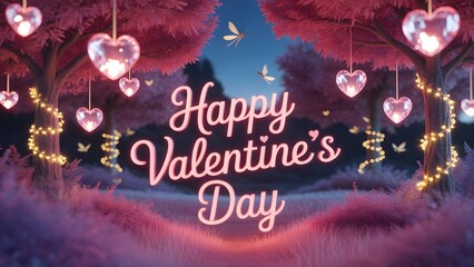 Magical Valentine Forest with Glowing Crystal Hearts and Fireflies