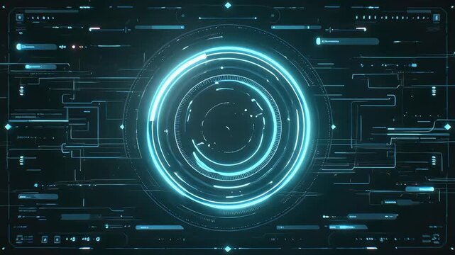 Glowing blue circular interface on a dark digital background with circuit board patterns and a white banner at the