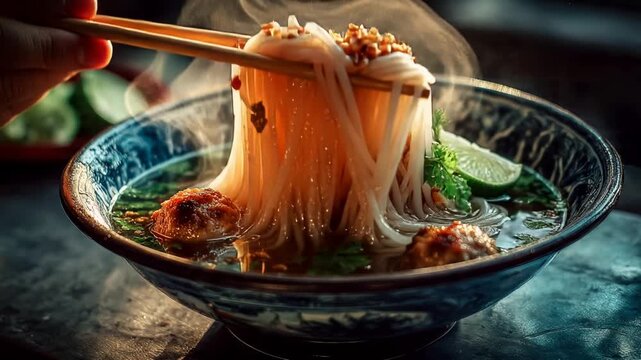 Steaming bowl of Vietnamese pho with rice noodles, herbs, lime, and crunchy toppings, held with chopsticks.