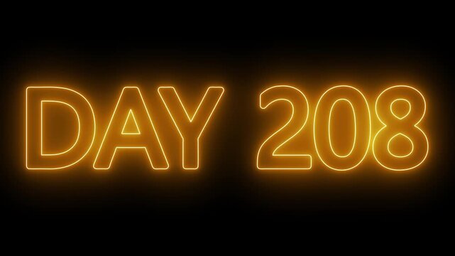Neon text day 208 animation on black background. flickering neon inscription DAY 208. calendar counter concept