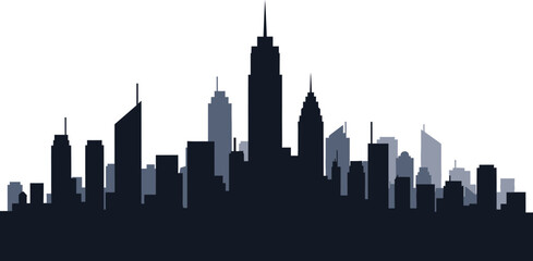 Silhouette of a bustling metropolitan city skyline with diverse buildings and tall skyscrapers vector graphic