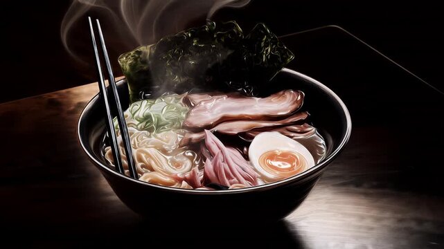 A steaming bowl of ramen with noodles, sliced pork, half egg, green onions, nori seaweed, and chopsticks resting on the side.