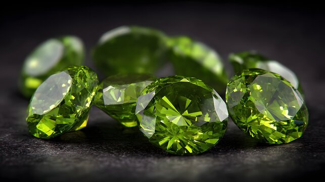 Close-up of sparkling green peridot gemstones on a dark background.