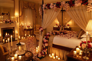 Romantic bedroom decorated with candles and flowers for a special occasion