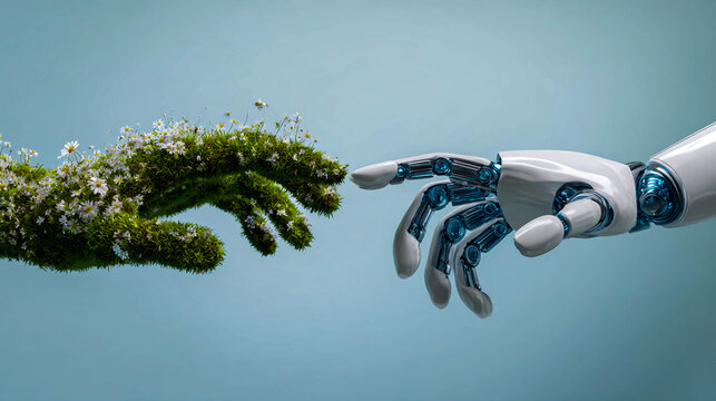 The robot's hand reaches out to a hand covered in green grass and flowers on a blue background. The harmony of humans, artificial intelligence, and the environment.