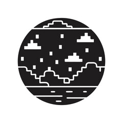 Black and white pixel illustration of an alien planet with a UFO, retro sci-fi.