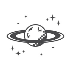 Sci-fi alien planet vista in pixel art, monochrome retro illustration