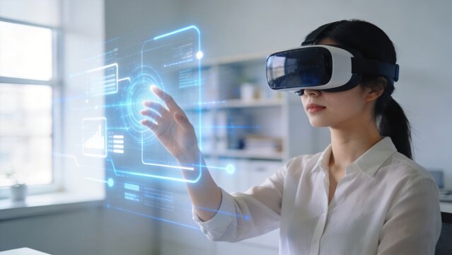 Woman using virtual reality headset interacting with holographic digital interface,representing immersive technology,future innovation,smart workspace,and advanced human computer interaction concepts