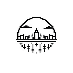 Black and white pixel alien planet, retro sci-fi landscape illustration