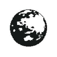 Retro pixel alien planet, black and white sci-fi vista vector art