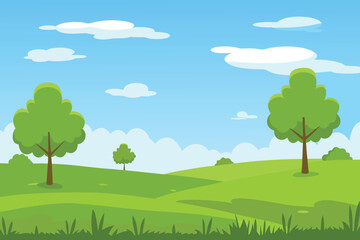 Obraz premium A bright cartoon landscape showcasing green hills trees and a clear blue
