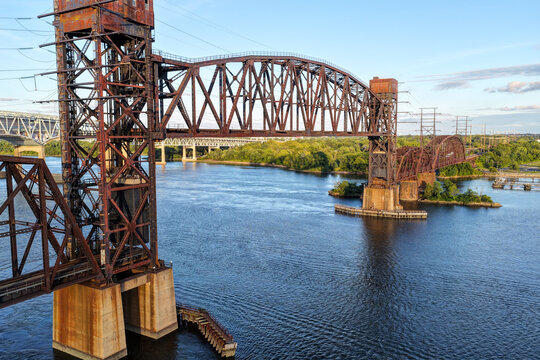 Aerial View of a Vertical Lift Span Railroad Bridge in the Raised Position
