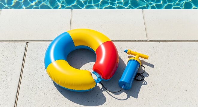 Colorful Inflatable Ring and Air Pump on Pool Deck Ready for Summer Fun.