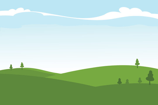 A simple cartoon landscape depicts green hills and a bright blue sky