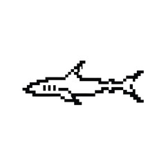 Shark icon in pixel style, black and white vector graphic