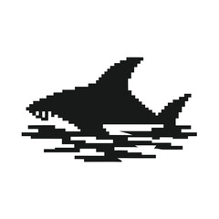 Geometric pixel shark, black and white vector silhouette