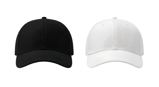 Black and white baseball caps front and back view isolated on transparent background