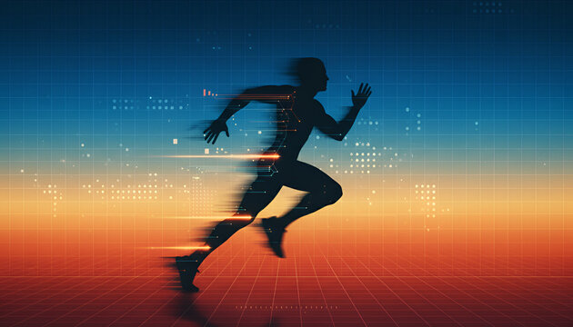 Silhouette of a fast runner in motion with light streaks and digital patterns &mdash; speed, momentum, and technology concept

