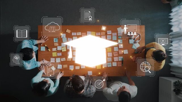 A diverse group engages in a collaborative meeting at a table, surrounded by sticky notes and digital icons, highlighting concepts of learning, innovation, and teamwork. Raster
