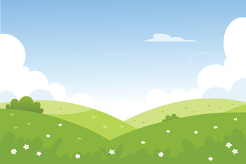 Obraz premium A peaceful landscape features rolling green hills under a bright blue sky