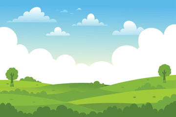 Obraz premium A vibrant cartoon landscape features rolling green hills under a bright blue