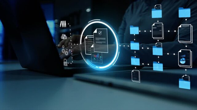 futuristic holographic interface of a file manager, folder structure with documents and data scanning, digital document storage software, cloud database, search and manage documents,paperless office, 