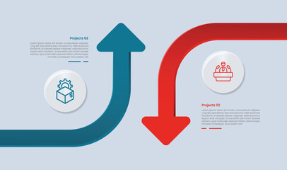 2 points comparison for infographic with glossy gradient style with smooth arrow opposite direction up and down from each side with two point list information © ribkhan