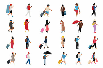 Diverse group of cartoon people walking in various styles and outfits