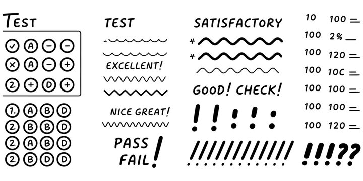Hand drawn educational test elements including grades feedback symbols and multiple choice bubbles.
