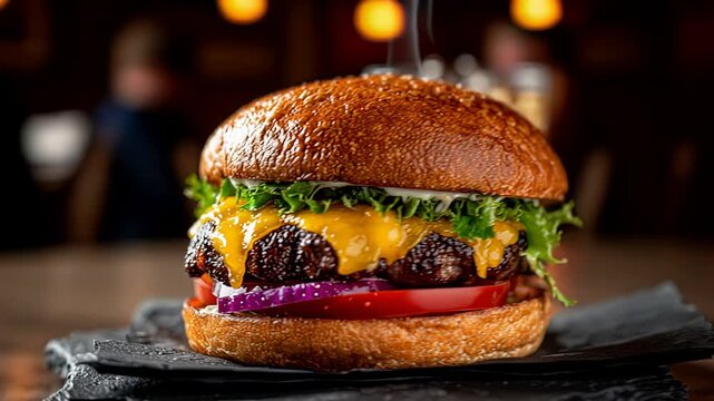 A juicy cheeseburger with a glossy brioche bun, melted cheddar, a beef patty, fresh lettuce, tomato, and red onion.