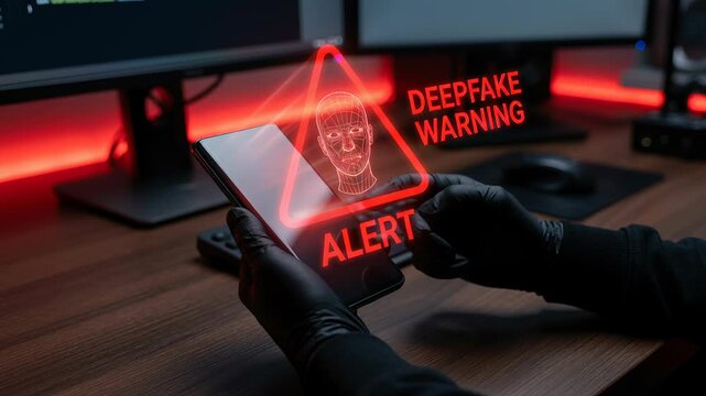 Deepfake warning alert digital screen facial recognition misuse online identity fraud fake news password login security risks ai technology device protection threats