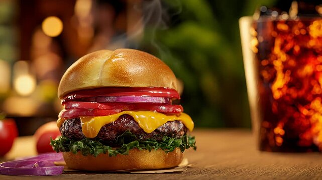 A juicy cheeseburger with melted cheddar, tomato, red onions, and lettuce on a toasted bun, with a glass of cola in the background.