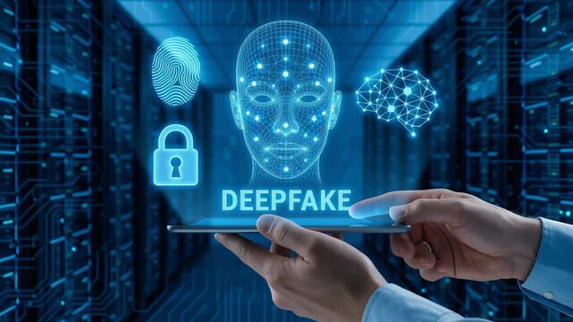 Deepfake technology uses ai for facial recognition to fake news misuse of digital identity and fraud in online login password security raising concerns