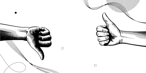 Vintage style illustration of a thumbs up and a thumbs down hand gesture on a white background. © Sojib