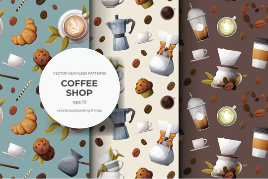 Set of vector seamless patterns for coffee shop. Seamless backgrounds with coffee beans, cups, croissants, muffins, moka pot and brewing equipment. Hand-drawn style for cafe branding and packaging.