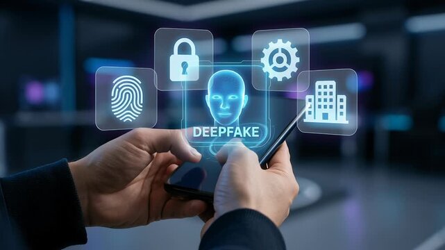 Deepfake technology about ai misuse in digital identity fraud with facial recognition, fake news and threatening online password login security risks