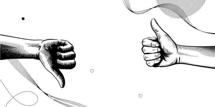 Vintage style illustration of a thumbs up and a thumbs down hand gesture on a white background.