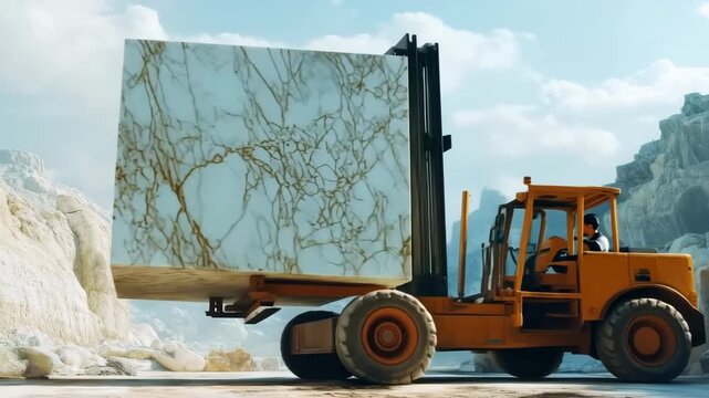 Heavy machinery moves large marble block in scenic quarry location