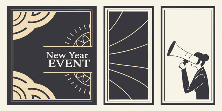Art Deco New Year 2027 Event Panels &ndash; Geometric &ldquo;NEW YEAR EVENT&rdquo; Design, Radiant Burst Pattern, and Megaphone Announcer Silhouette for Invitations, Flyers, Holiday Parties, and Premium Event Branding