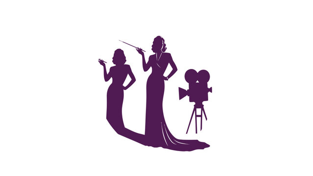 Two elegant women in evening gowns with a film camera