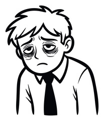 Obraz premium A fatigued young businessman with dark circles under his eyes slumped in exhaustion, perfect for conveying stress, burnout, or lack of sleep in corporate or healthrelated projects.