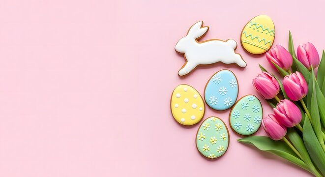 Easter cookies and pink tulips on pink background pastel colors